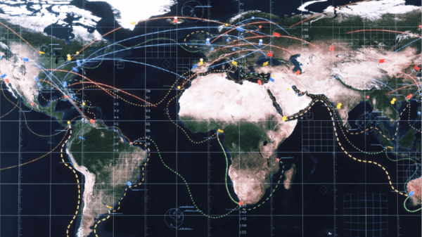 Map of the world with flight routes on it 