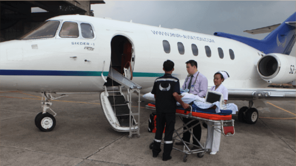 Patients being transported inside an air ambulance