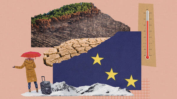 Collage about climate extremes across Europe, with images of snow, drought and fire damaged land