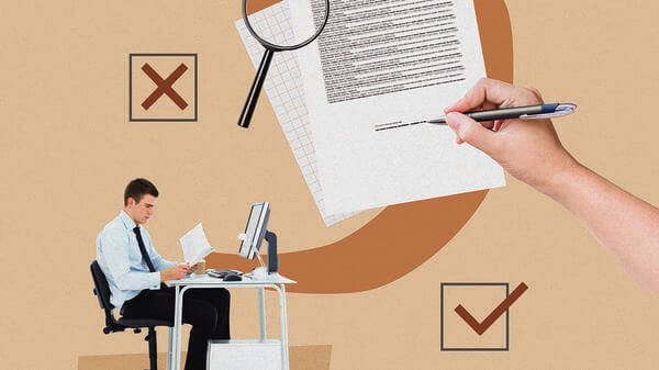 Collage about insurance regulation, with forms, magnifying glass and person working at a computer