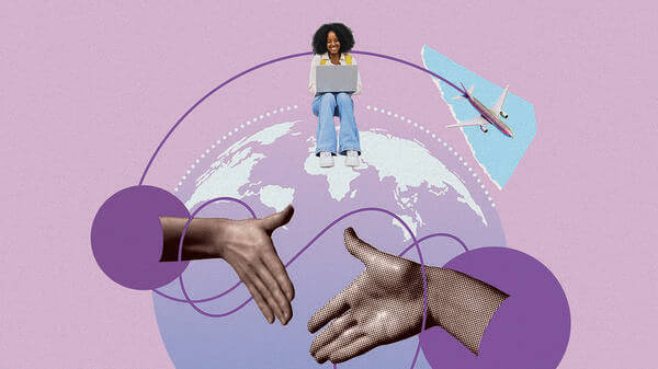 Collage graphic of a handshake, globe and person using laptop