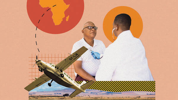Collage graphic of Africa, planes and doctors