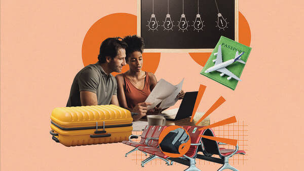 Collage about educating and travel with suitcases and a couple looking at paperwork