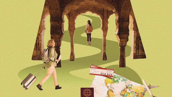 Collage of people travelling/exploring