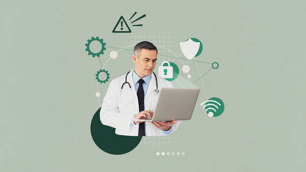 Collage with a doctor and a laptop and cybersecurity icons 