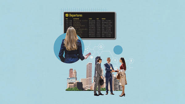 Collage about business travellers, images of people in the airport and city skyline