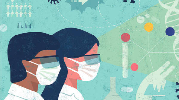 Illustration of doctors wearing masks with germs