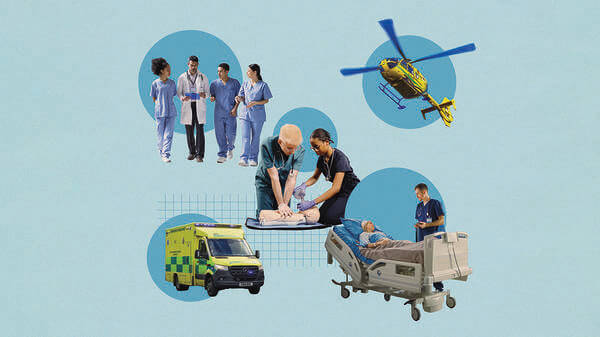 Collage of doctors, helicopters and ambulance 