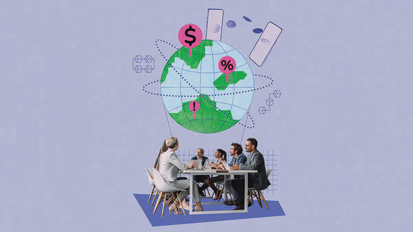 Collage of workers sat around a desk, with a globe, phone and currencies