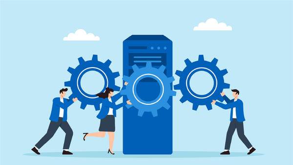 Illustration of three people turning three cogs together 