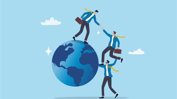Illustration of three people in blue suits helping each other climb planet earth