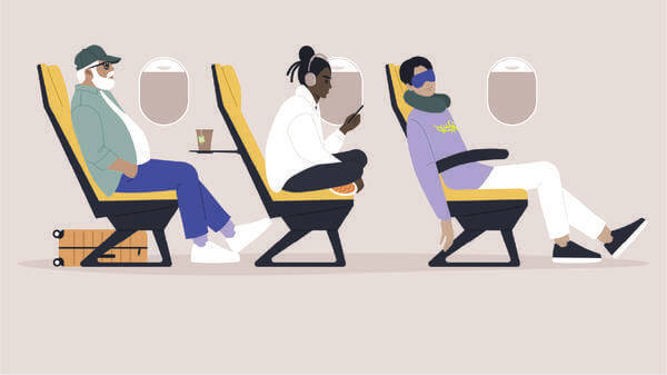 Illustration of an elderly man and two other passengers on an aeroplane